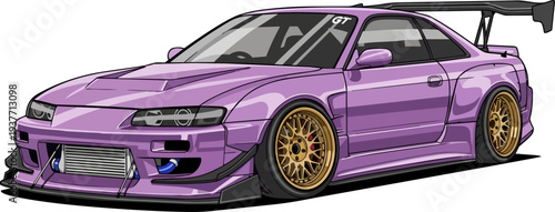 Purple sports car with gold rims and spoiler on display, viewed from the front side