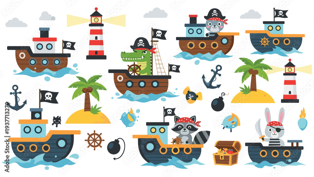 Fototapeta premium Fun collection of cartoon pirate characters including animals on ships, lighthouses, treasure chests, and nautical icons for children's designs.
