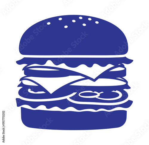blue hamburger icon with sesame seed bun and cheese lettuce tomato