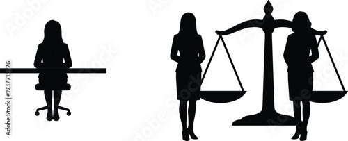 Businesswoman silhouettes set with office desk work and justice balance scale concept professional career vector illustration