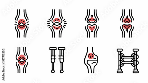 Knee pain and arthritis illustrations with crutches and exercises health and medical concept