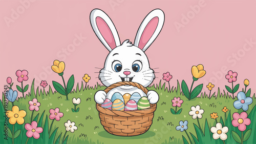 Adorable white bunny in easter basket with colorful eggs surrounded by vibrant spring flowers on green grass against soft pink background