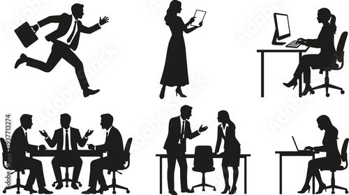Business people working silhouettes set including running businessman meeting discussion office computer work teamwork corporate workplace vector illustration