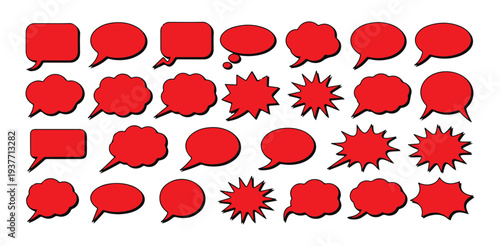 Red speech bubbles with black outline set for comic books and cartoon dialogue illustrations