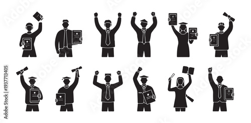 Graduation celebration with students holding diplomas and raising arms up