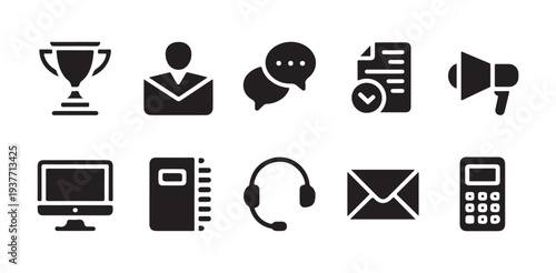 Office and business icons for communication and success with trophy