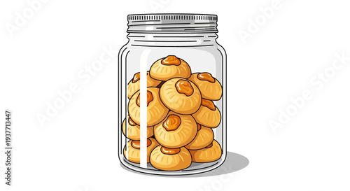 A colorful cartoon-style illustration of a clear glass jar filled with golden-brown cookies, sitting on a white background with a subtle shadow underneath, evoking a sense of warmth and comf