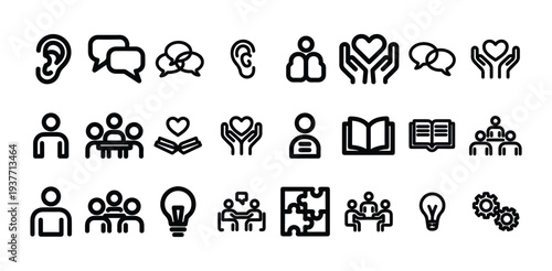 Set of thin line icons for empathy teamwork education and community support on white backdrop