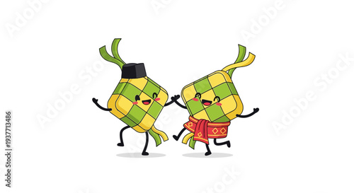 Two cheerful, anthropomorphic sushi rolls wearing traditional Japanese clothing, dancing and having fun together in a playful, whimsical scene, conveying joy and celebration in a modern, sty
