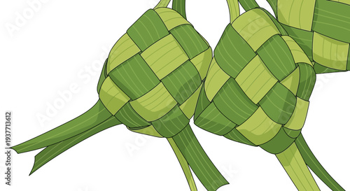 Traditional Southeast Asian woven coconut leaf food wraps, Ketupat, on white background, minimalist, flat lay, cultural, decorative, edible, festive, food package