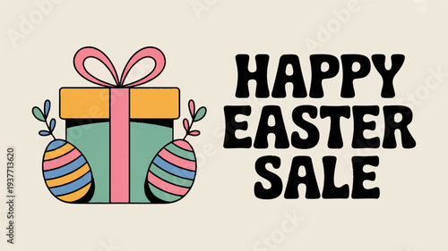 Easter sale banner with colorful eggs and gift box on beige background festive holiday shopping concept