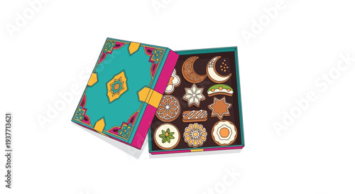 Vibrant colorful open gift box containing assorted Christmas cookies, gingerbread men, and holiday treats, whimsical flat design, festive background