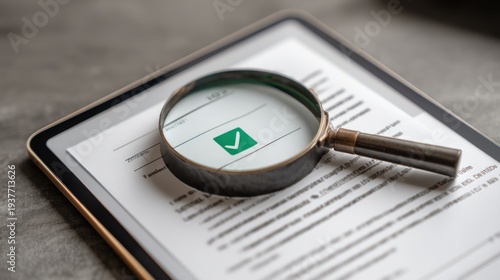 Magnifying glass over document with check mark inspection and analysis concept