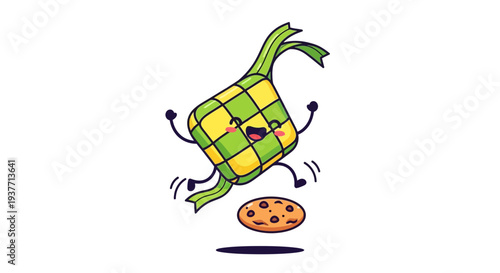 Cartoon pickle character jumping for cookie with smiling face and motion lines in a playful colorful flat vector style for kids or food branding