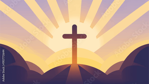 Cross on hill at sunrise with sun rays symbolizing hope and spirituality in a serene landscape