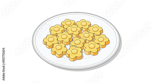 A vibrant digital illustration of a plate filled with multiple golden cookies, arranged neatly, in a cartoonish artistic style, on a white background, for culinary or bakery concepts.