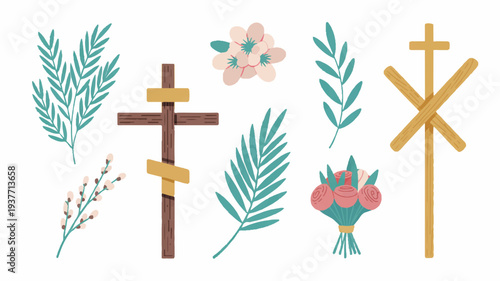 Easter palm sunday symbols crosses leaves flowers and foliage on white background christian holiday decorations