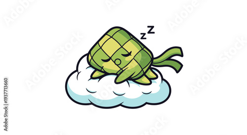 A cute cartoon sleeping sushi roll character resting on a fluffy white cloud in a peaceful dreamy scene, in a colorful Japanese pop art style, with a serene expression and closed eyes.