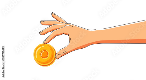 Cartoon hand holding golden coin, minimalist flat design, symbolizing wealth, prosperity and good fortune in a business or financial context.