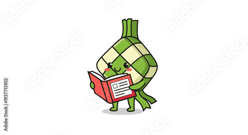 A green and white checkered onion character reading a red book with white pages in a cute cartoonish style on a plain white background in a whimsical educational context