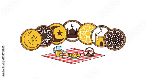 Vibrant whimsical flat illustration of a smiling pig and beer barrel on a red checkered tablecloth surrounded by six assorted colorful donuts with artistic frosting designs on top