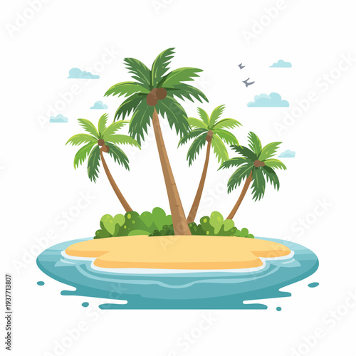 Vibrant tropical island paradise with lush palm trees, sandy beach, and clear blue water, evoking a serene and relaxing vacation getaway