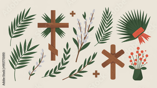 Easter palm sunday symbols crosses leaves flowers and plants on beige background christian holiday decorations religious icons palm fronds and blossoms
