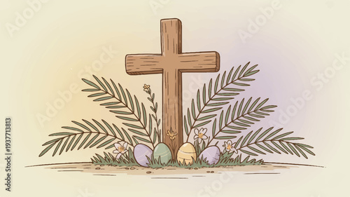 Easter cross with colorful eggs and palm leaves on grassy ground symbolizing resurrection and new life