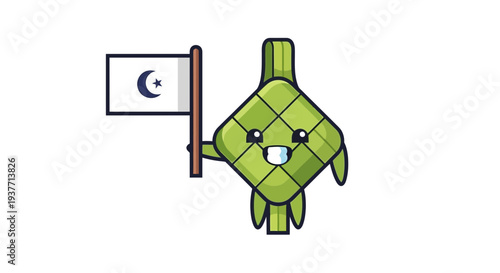 A cute green South Carolina palmetto tree cartoon character holding a flag with crescent moon symbol in a playful simple line art style on white background, representing the state flag of So