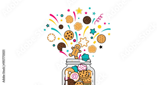 Cartoon-style whimsical cookies and treats explosively erupting out of a glass cookie jar in a playful, colorful, festive, celebratory scene with sweets and stars.