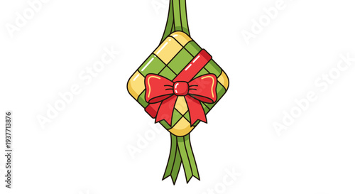 Traditional Malaysian ketupat food wrapped in woven palm leaves with red bow, Southeast Asian cuisine, festive holiday gift, Ramadan celebration dish, traditional woven rice cake