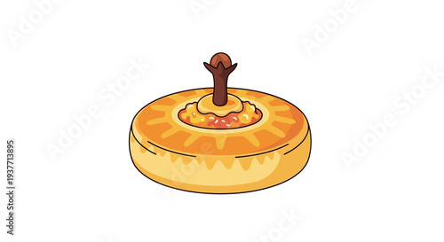 Cartoonish spinning top toy with brown handle and orange body on white background, digital clip art in a playful and whimsical artistic style, recreational and fun concept