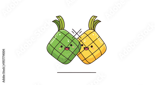 Kawaii pineapple cartoon characters, two smiling fruits, green and yellow, cute faces, colliding, comedic action, simple flat design, minimalistic style, comic book illustration, humor, frui