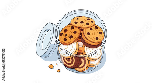 Colorful cartoon-style illustration of a glass cookie jar with chocolate chip cookies and swirl cookies on a white background, sweet treats concept