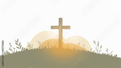 Cross on hill at sunrise with grass and plants symbolizing hope and spirituality in a serene landscape