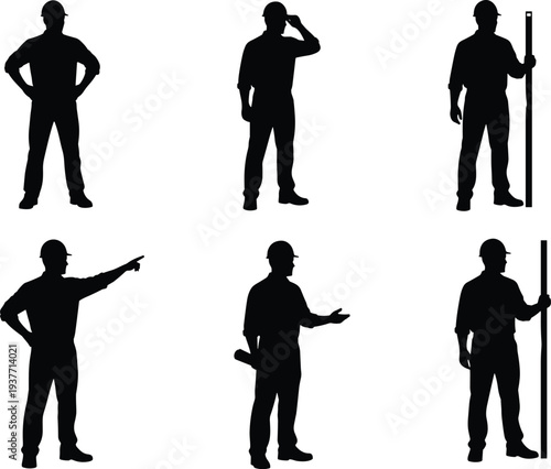 Construction worker silhouettes, hard hat safety, teamwork illustration, industrial labor poses, blueprint planning, pointing gesture, construction site actions, occupational design