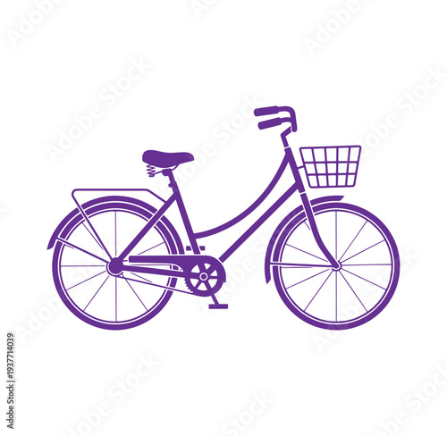 Purple bicycle with basket on front wheel isolated on white background
