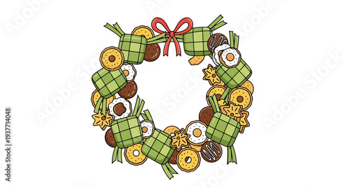 Vibrant whimsical cartoon autumn wreath with green plaid ribbons, acorns, sunflowers, and fall leaves on white background, festive decorative floral arrangement for Thanksgiving or harvest s