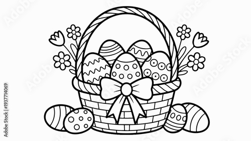 Colorful easter eggs in a wicker basket with flowers and bow on white background for holiday decoration