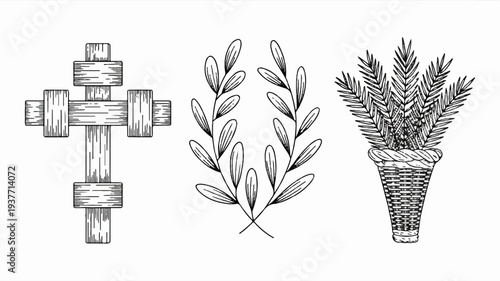 Hand drawn christian cross olive branch and palm fronds in basket symbolizing faith peace and palm sunday celebration