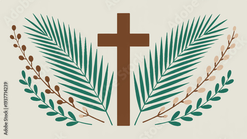 Brown cross with green palm leaves and branches on beige background symbolizing faith and spirituality in a simple elegant design