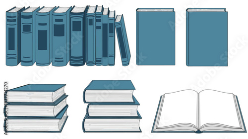 Collection of various books in different arrangements including vertical rows, stacks, and an open book in classic blue tones.