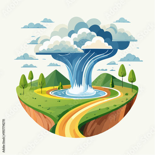 Captivating conceptual illustration depicting the vital water cycle within a lush, thriving natural ecosystem on a floating island