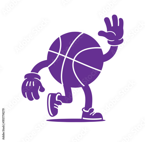 Purple cartoon basketball character dancing with one hand up and one hand down