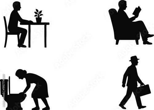 Daily lifestyle silhouettes set reading sitting working walking bathroom cleaning household routine people vector illustration isolated on white background