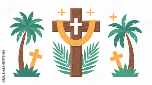Christian cross symbol with palm trees and tropical leaves on white background representing faith and spirituality in a serene environment