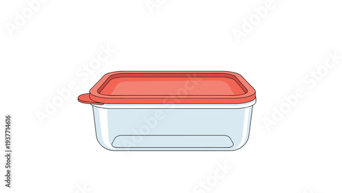 Simple rectangular glass food storage container with a bright orange plastic lid isolated on a plain white background for kitchen use.