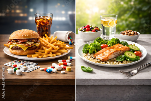 Fast Fix vs Slow Healing – Unhealthy Fast Food and Healthy Balanced Diet Concept