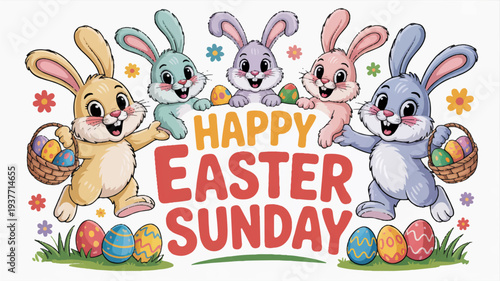Colorful easter bunnies celebrate happy easter sunday with eggs and flowers on white background
