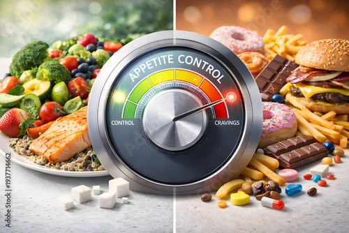 Appetite Control Concept – Healthy Food vs Junk Food Cravings